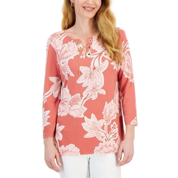 JM Collection Top Womens Medium Burnt Brick Floral Floral Peasant Blouse NWT - Picture 1 of 8